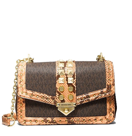 soho large studded snake embossed leather and logo shoulder bag
